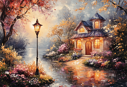 Alma PREMIUM wooden puzzle 1000 pieces. Fabulous houses.  The charm of a rainy evening.