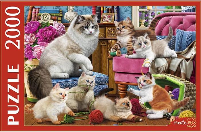 Puzzle Red Cat 2000 parts: A cat with fluffy kittens Ф2000-1524