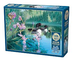 Cobble Hill Puzzle 500 pieces: Loons in the Bay with irises