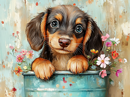 Wooden puzzle with 500 pieces. Furry creatures. Flowers and a dachshund puppy
