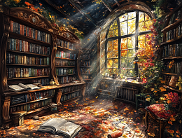 Wooden puzzle with 500 pieces. It's a strange time. An abandoned library.