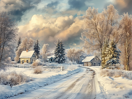 Wooden 500-piece puzzle House in the village. Winter road