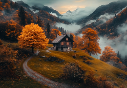 Alma PREMIUM wooden puzzle 1000 pieces. The magic of nature. The house in the misty mountains