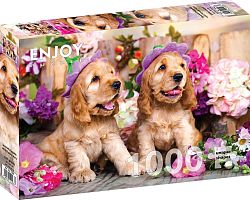 Enjoy 1000 Pieces Puzzle: Spaniel puppies in flower hats