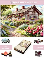Wooden 500-piece puzzle House in the village. Blooming House