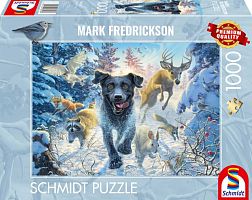 Schmidt 1000-piece puzzle: M.Fredrickson. Black Labrador on a snowy trail