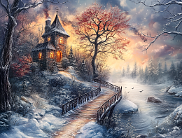 Wooden puzzle with 500 pieces. The magic of nature. Stone cottage by the lake.