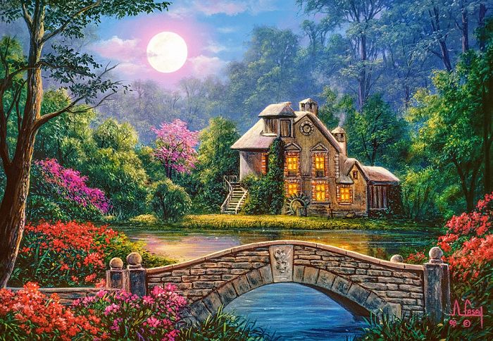 Puzzle Castorland 1000 pieces: Cottage in the moonlight garden C-104208