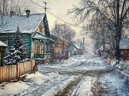 Wooden 500-piece puzzle House in the village. Snow in December.