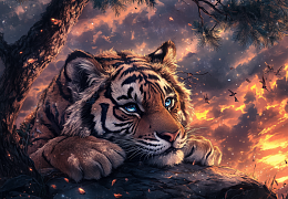 Alma PREMIUM wooden puzzle 1000 pieces. Wild and cute. Tiger in the sunset.