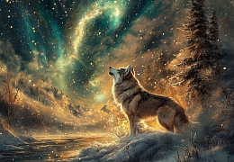 Alma PREMIUM wooden puzzle 1000 pieces. Wild and cute. The wolf under the Northern Lights