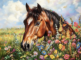 Wooden puzzle with 500 pieces. Horses. A horse among a sea of flowers