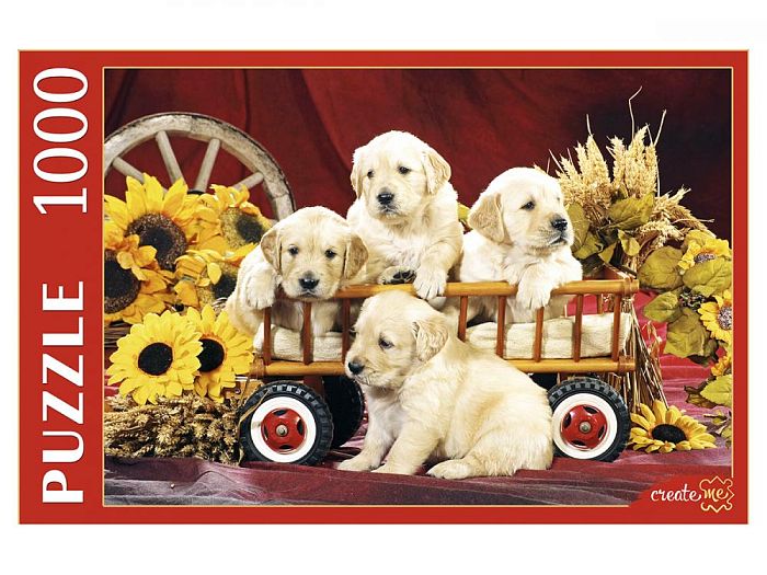 Puzzle Red Cat 1000 parts: Puppies and sunflowers КБ1000-7875