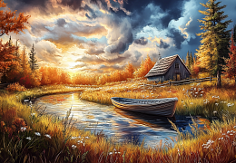 Wooden puzzle with 1000 pieces. The magic of nature. Autumn evening at the lake