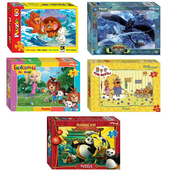 Cartoon characters: 5 puzzles with 60 elements of Step puzzle 5-60-mult1