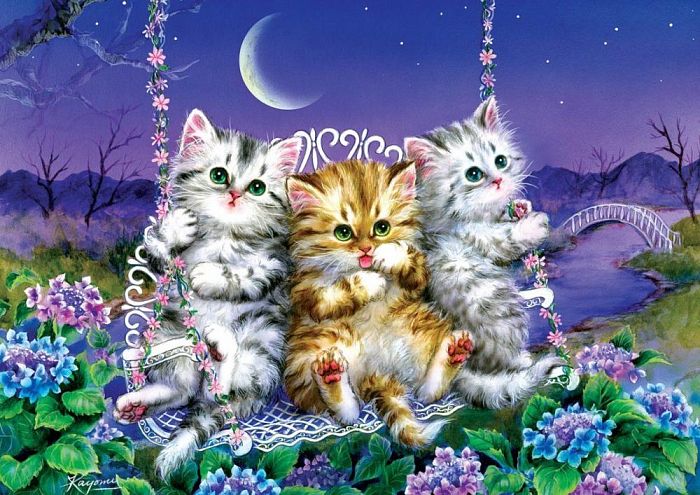 Puzzle Art Puzzle 500 items: Kittens on a swing under the moon 5086